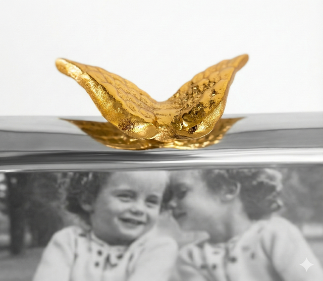 Gold Angelwing figurine on a reflective surface with a black and white photo of two children in the background.
