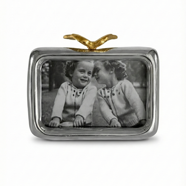Small rectangular photo frame with a gold bird on top, containing a black and white photo of two children.