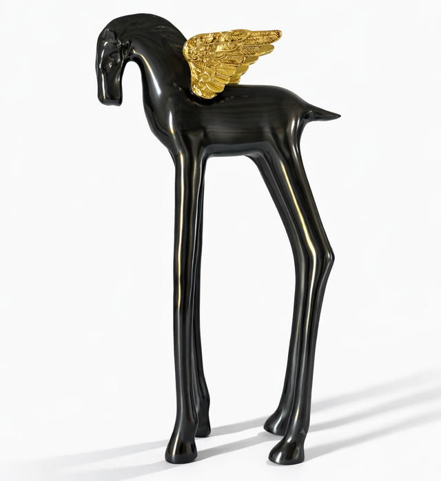 Black and gold horse sculpture with wings on a white background
