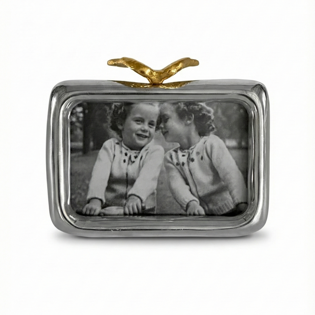 Small rectangular photo frame with a gold bird on top, containing a black and white photo of two children.